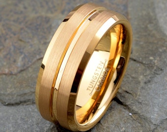 Yellow Gold Tungsten Ring, Mens Wedding Band 8mm