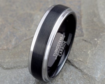 Two-Tone Tungsten Ring Mens Wedding Band Brushed Black & Polished Silver Gray Edge