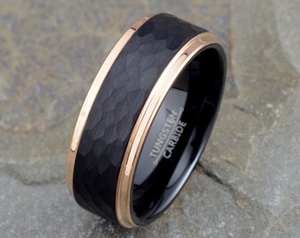 Two Tone Men's Tungsten Wedding Band, Black Hammered Ring, Rose Gold Tungsten Ring
