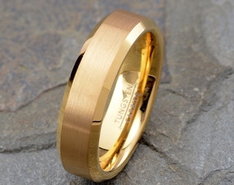 Tungsten ring, Mens Tungsten Wedding Ring Band, Yellow Gold Tungsten Ring