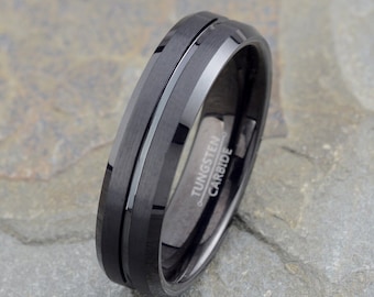 Black Tungsten Wedding Band, Tungsten Ring, Brushed Tungsten Wedding Ring 6mm