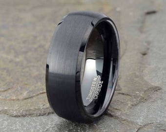 Black Brushed Tungsten Wedding Band, Mens Wedding Band, Domed Mens Ring, Polished Beveled Edge, Mens Tungsten Ring, Anniversary, 8mm band