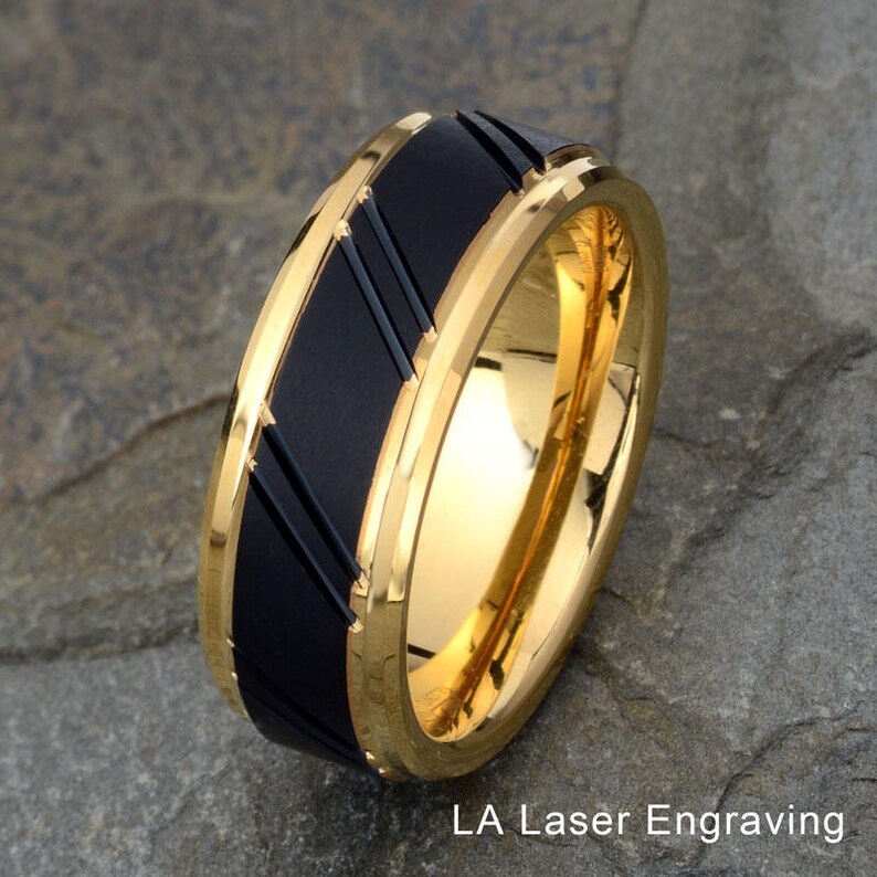 Yellow Tungsten Wedding Band Mens Wedding Ring Grooved Band Etsy