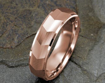 Mens Wedding Band, 14K Rose Gold Bands, Textured with Polished stepped Edges, Unisex Band, Engagement Ring, Custom Engraved Rings