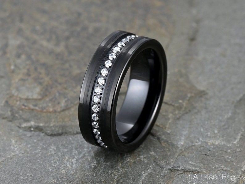 Black Tungsten Ring: Mens CZ Eternity Wedding Band, Free Engraving