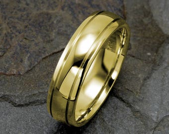 14k Yellow Gold Wedding Band, Solid Gold Mens Ring, Polished Grooved Mens Wedding Ring, Promise Ring