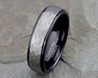 Black & Gray Tungsten Wedding Ring: Hammered Two-Tone Band