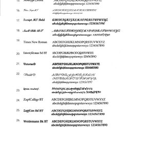 May include: A list of 11 different font options for laser engraving. Each font is displayed with the name of the font and a sample of the alphabet in uppercase and lowercase letters, as well as numbers.