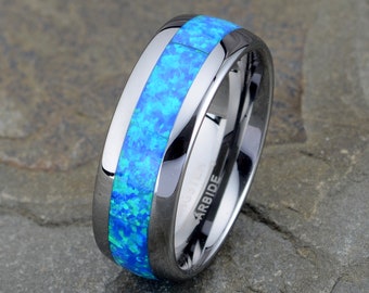 Tungsten Ring, Mens Wedding Ring, Blue Opal Ring