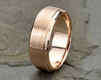 14k Rose Gold Men's Wedding Band, Solid Gold Ring, Brushed  Polished Edge Ring, Wedding Band Gold