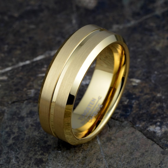 Yellow Gold Tungsten Ring, Mens Wedding Band 8mm
