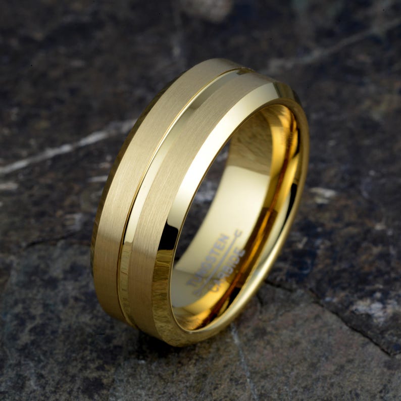Yellow gold tungsten carbide ring brushed finish center grooved polished beveled edges comfort fit 8mm width