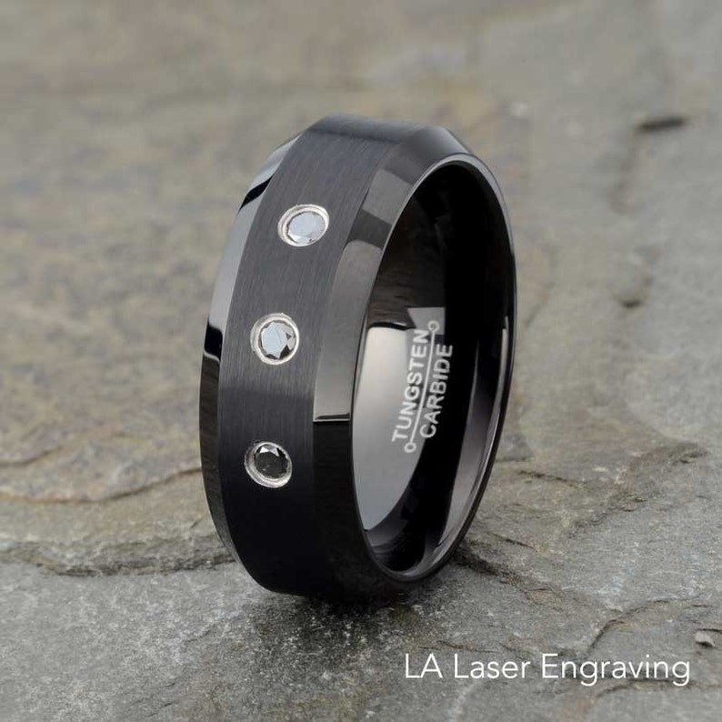 8mm,Polished Beveled Edge Mens Brushed Tungsten rings Wedding Ring Mens Wedding Band Black Diamond Brushed Tungsten Carbide Wedding Band