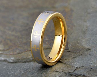 Yellow Gold Tungsten Ring, Mens Tungsten Wedding Band, Cross Ornament ring 5mm