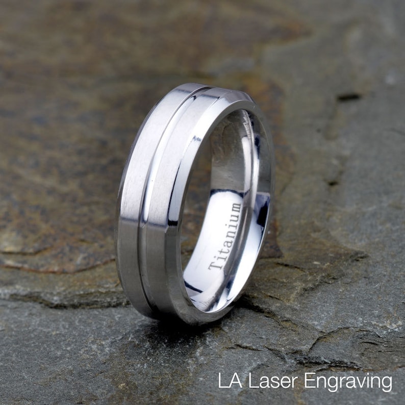 Titanium Wedding Band Brushed Grooved polished beveled edge Mens Titanium Ring Wedding Band Custom Laser Engraving Personalized Ring