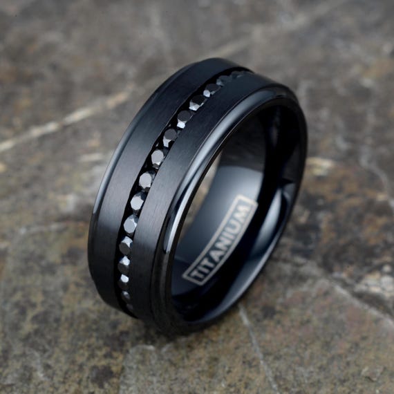 Engraved Black Titanium Mens Wedding Band: Eternity CZ Ring
