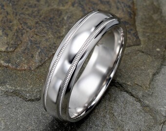 White Gold Mens Wedding Band, Polished Mens Wedding Ring, Domed Mens Ring, Grooved Band, 6mm Mens Wedding Ring, Custom Laser Engraving