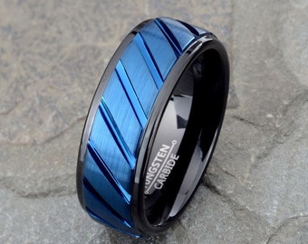 Tungsten Ring, Mens Wedding Band, Blue Brushed finish with Black Stepped Edges