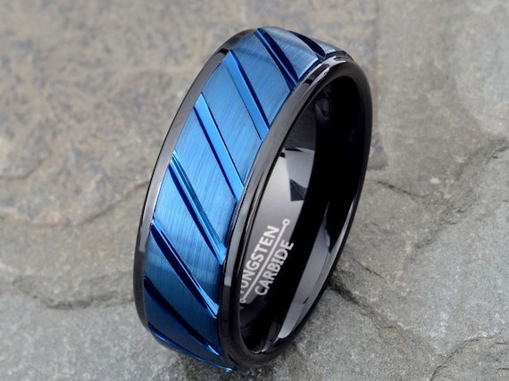 Tungsten Ring, Mens Wedding Band, Blue Brushed finish with Black Stepped Edges