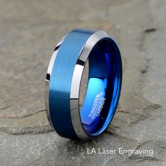 Tungsten Wedding Band Men/'s 8MM Beveled Edge 0.21ct Blue Sapphire Brushed Tungsten Ring JDTR635 Custom Engraved Personalized Ring