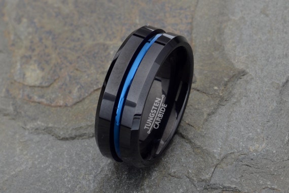 Black Tungsten Ring Mens Wedding Band polished finish with blue accent on the center of the band 8mm wide