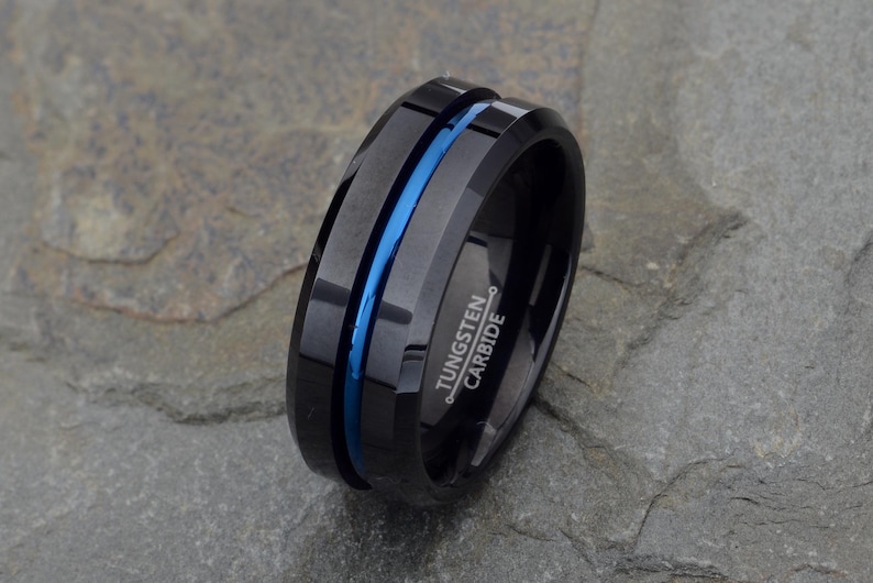Black polished tungsten ring with blue line