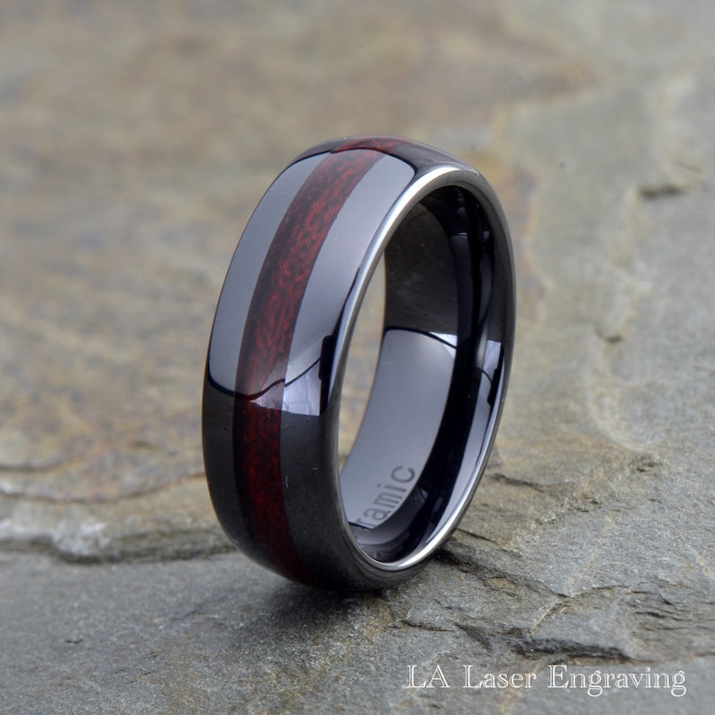Please E-Mail Sizes 8mm White Ceramic High Polish Domed with Red Carbon Fiber Inlay Wedding Band Ring Sizes 7 to 12