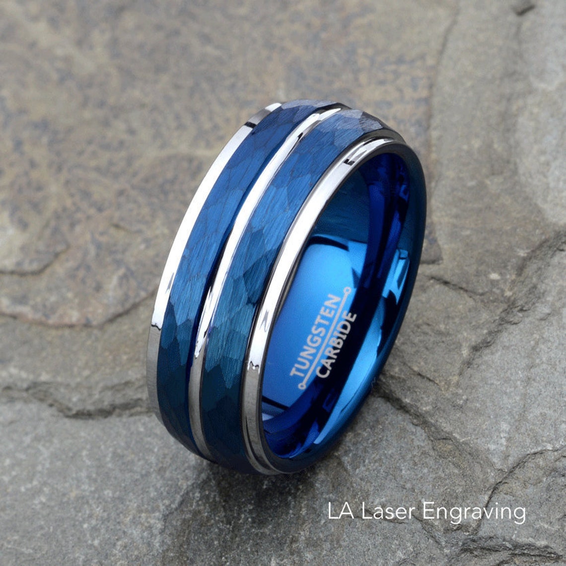 Blue Tungsten Ring Hammered Mens Wedding Band image 1