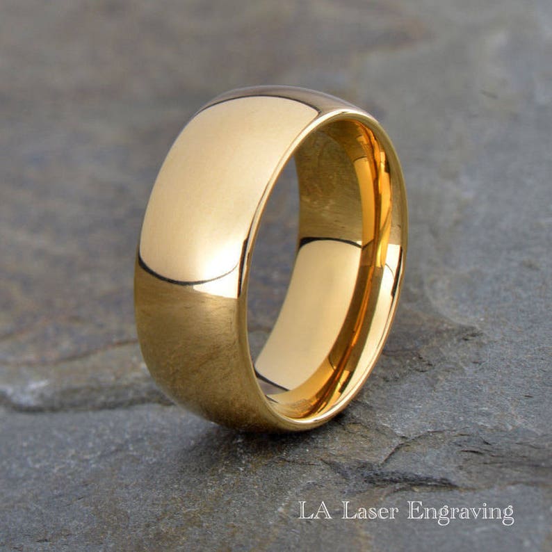 9mm Anniversary Ring Yellow Gold Custom Laser Engraving Domed Tungsten Wedding Band Tungsten Wedding Ring Mens Ring
