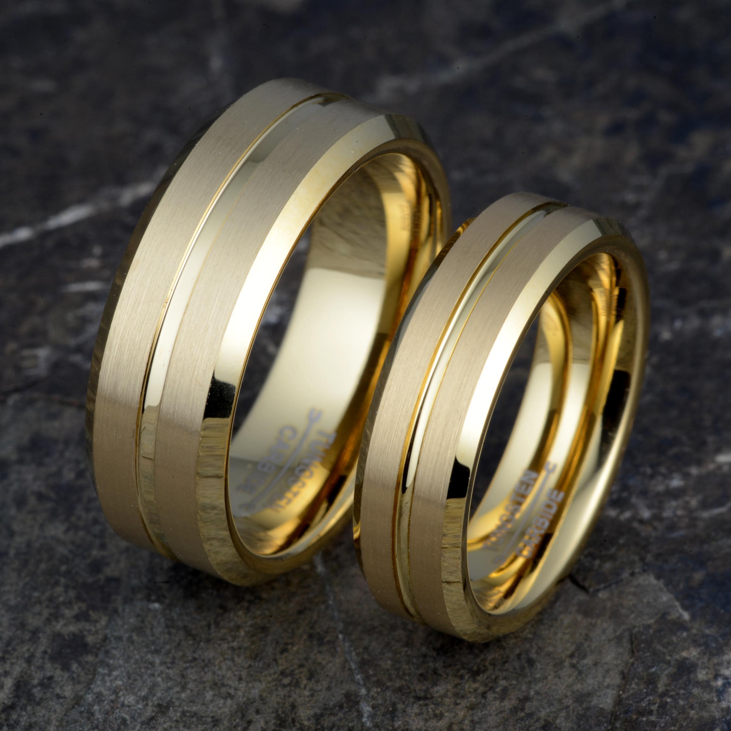 Matching Tungsten Wedding Bands Set - His and Hers Gold Rings 6mm & 8mm Brushed Tungsten Carbide Couple Rings