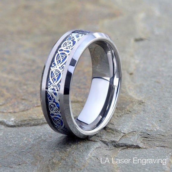 Blue Celtic Ring, Dragon Wedding Band, Mens Tungsten Ring 8mm