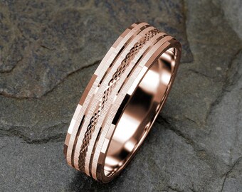 Mens Wedding Band, Solid Gold Mens Ring, 6mm Ring, 14k Rose Gold Band, Grooved Faceted Textured Mens Band, Wedding Ring, Wedding Band Mens