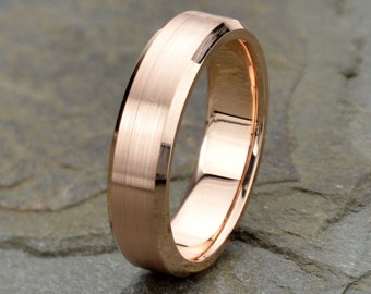 Rose Gold Wedding Band, Brushed 14K Rose Solid Gold Wedding Ring, Mens & Women's  Wedding Band, Polished Beveled Edge, Anniversary Ring