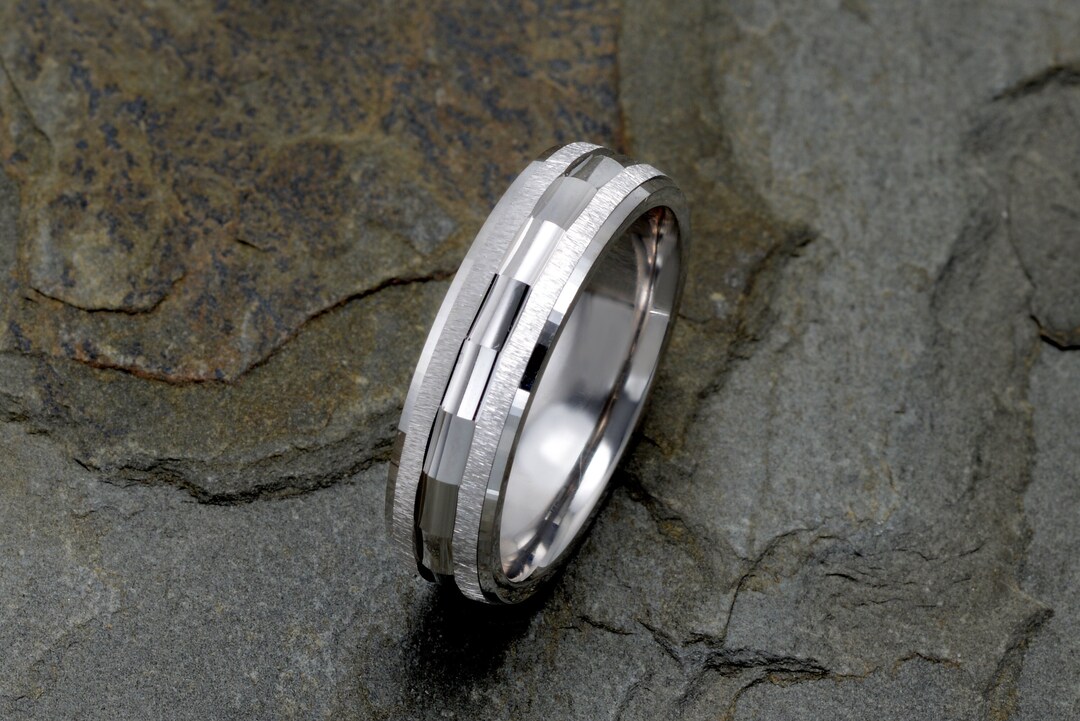 14K White Gold Wedding Band, Mens Gold Ring, Brushed Faceted Ring 6mm ...