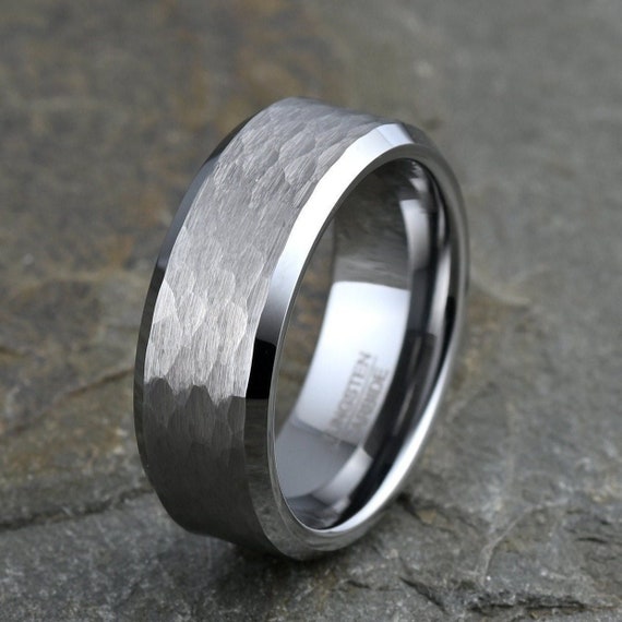 Hammered Tungsten Ring: Brushed Gray Mens Wedding Band, 8mm, Free Engraving