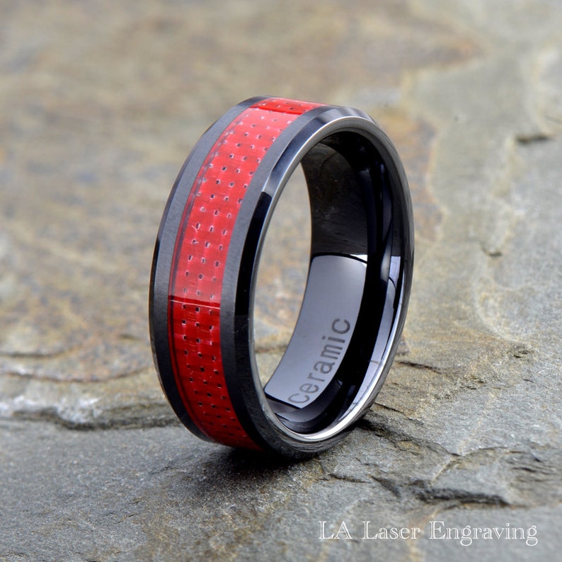 Red Carbon Fiber Inlay Ceramic Wedding Band Mens Black