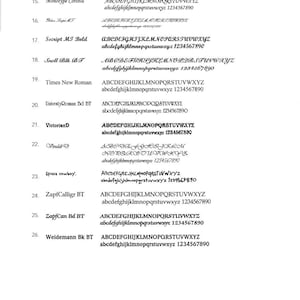 Puede incluir: Una lista de diferentes opciones de fuentes para el grabado l&aacute;ser. Las fuentes se enumeran con sus nombres y una muestra del alfabeto y los n&uacute;meros en cada fuente.