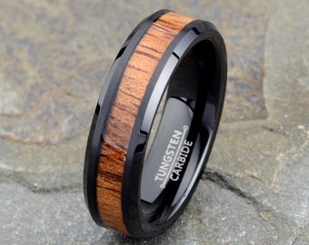 Black Tungsten Ring Mens Wedding Band: Wood Inlay, Beveled Edge 6mm