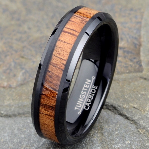 Black Tungsten Ring Mens Wedding Band: Wood Inlay, Beveled Edge 6mm