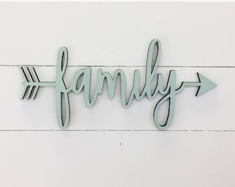 Family Wood Arrow Sign, Wood Cut Word, Word Cut Out, Laser Cut, Wood Words, Wood Sign, Arrow Sign, Family Sign, Arrow Wall Decor, Boho Decor