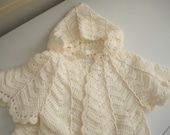Baby poncho 6 9 months, in crochet wool, off-white Ecru, hooded Cape Angel nest sleeve