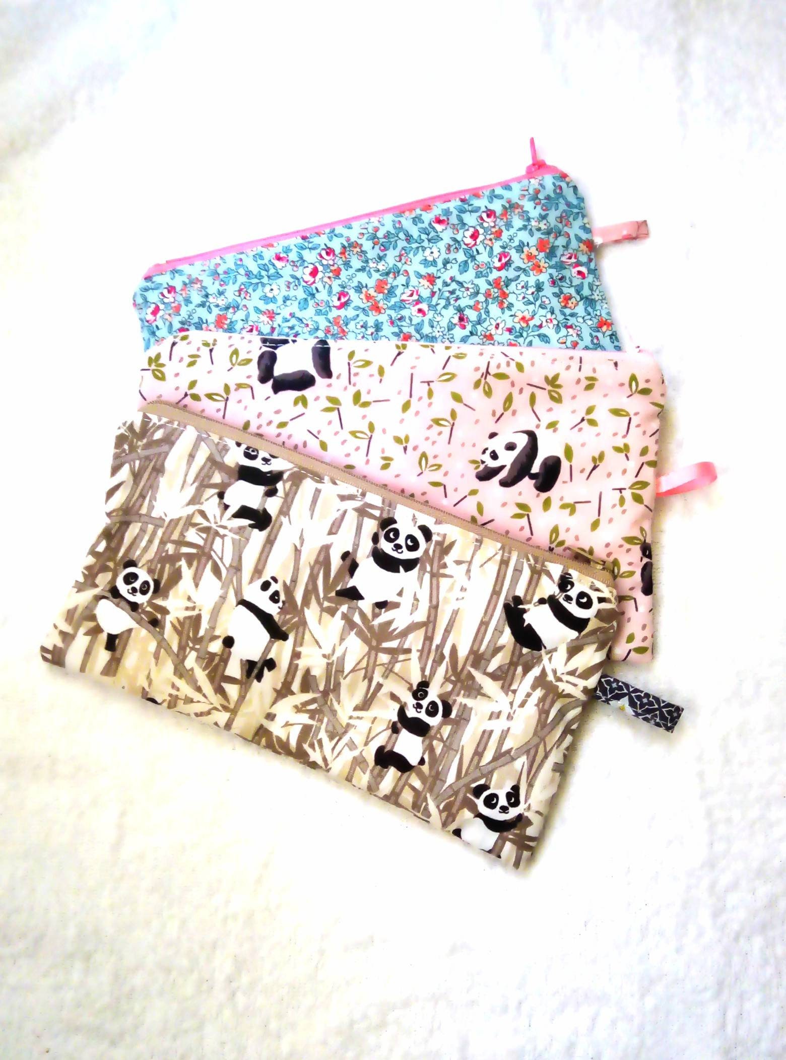 Trousse Plate 22 X 12 cm, 19 9 Panda ou Petites Fleurs en Coton Imprimé