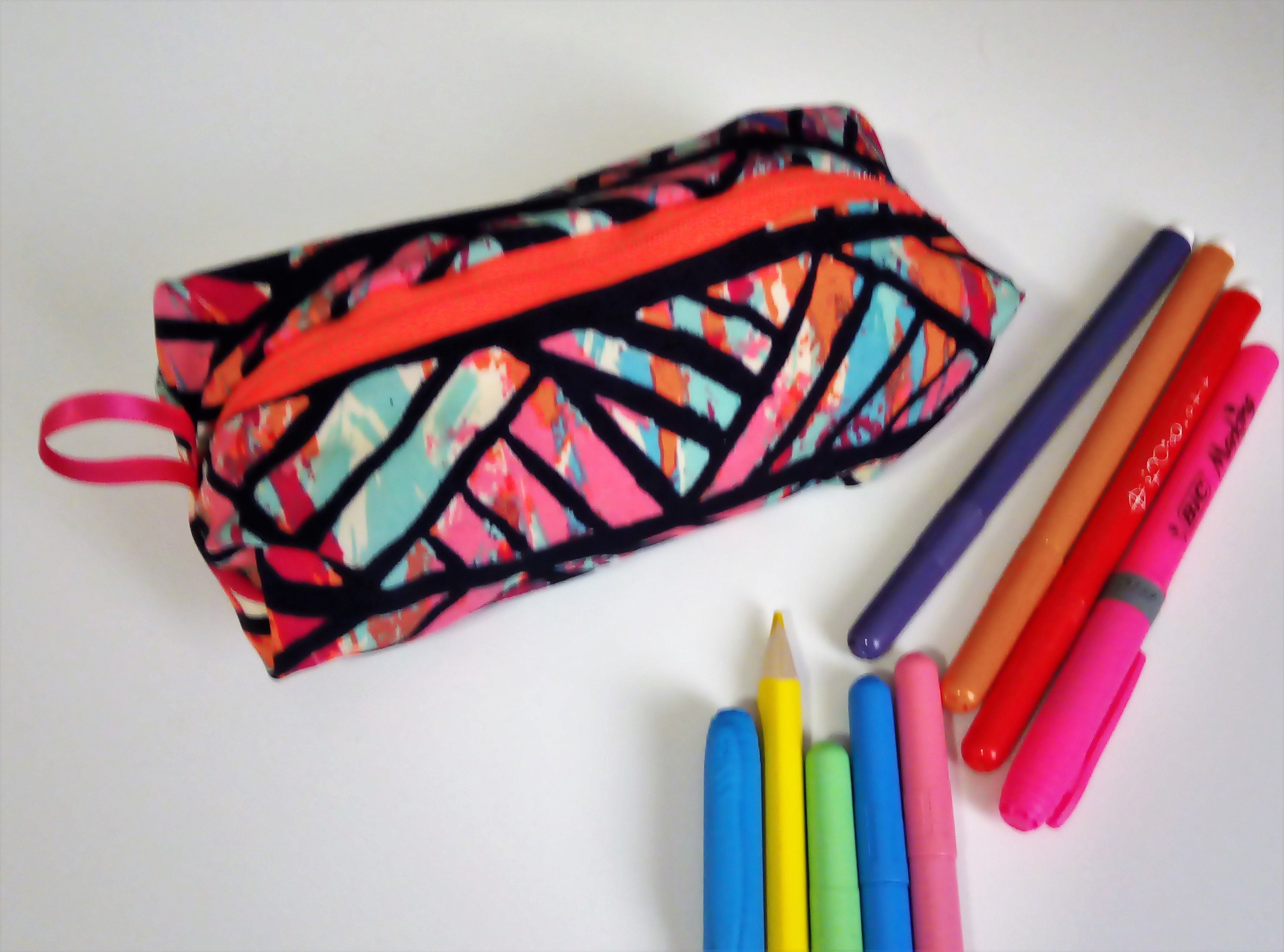 Trousse Carrée Rectangle Tissu Coton Fluo Graphique, Pour Stylos Maquillage Sac Bureau