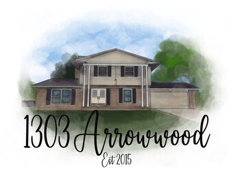 Custom Hand Drawn Digital House Watercolor Portraits