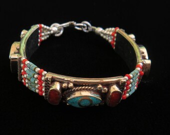 Natural Turquoise/ Red Coral/ Sterling Silver/Southwestern Cowgirl Heart Charm Bracelet