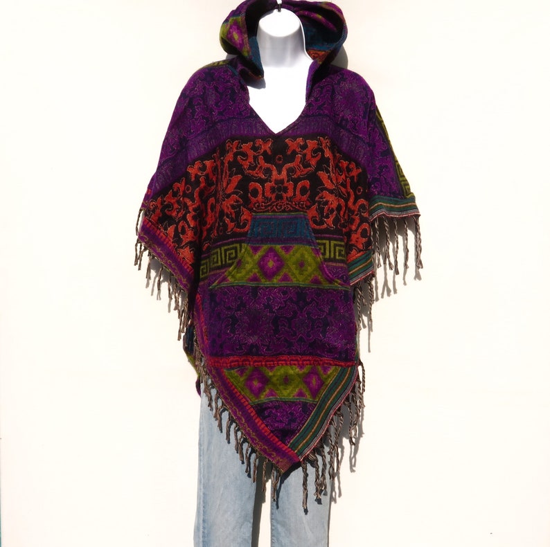 Poncho|Tassels|V-NeckHoodie /& Pocket|Boho|Bohemian|60s|Tribal Design|Hippie|Handmade|Himalayan|Hand Loomed|Yak Wool Blend Shawl|3788