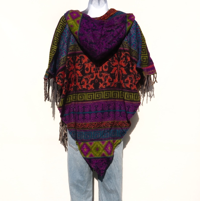 Poncho|Tassels|V-NeckHoodie /& Pocket|Boho|Bohemian|60s|Tribal Design|Hippie|Handmade|Himalayan|Hand Loomed|Yak Wool Blend Shawl|3788