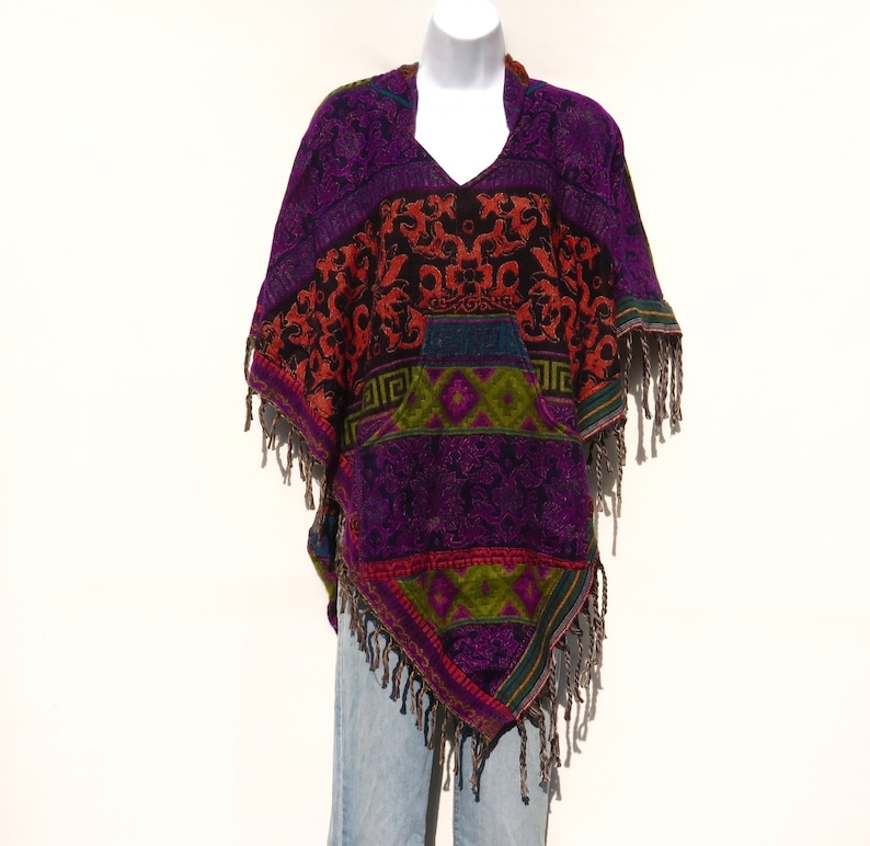 Poncho|Tassels|V-NeckHoodie /& Pocket|Boho|Bohemian|60s|Tribal Design|Hippie|Handmade|Himalayan|Hand Loomed|Yak Wool Blend Shawl|3788