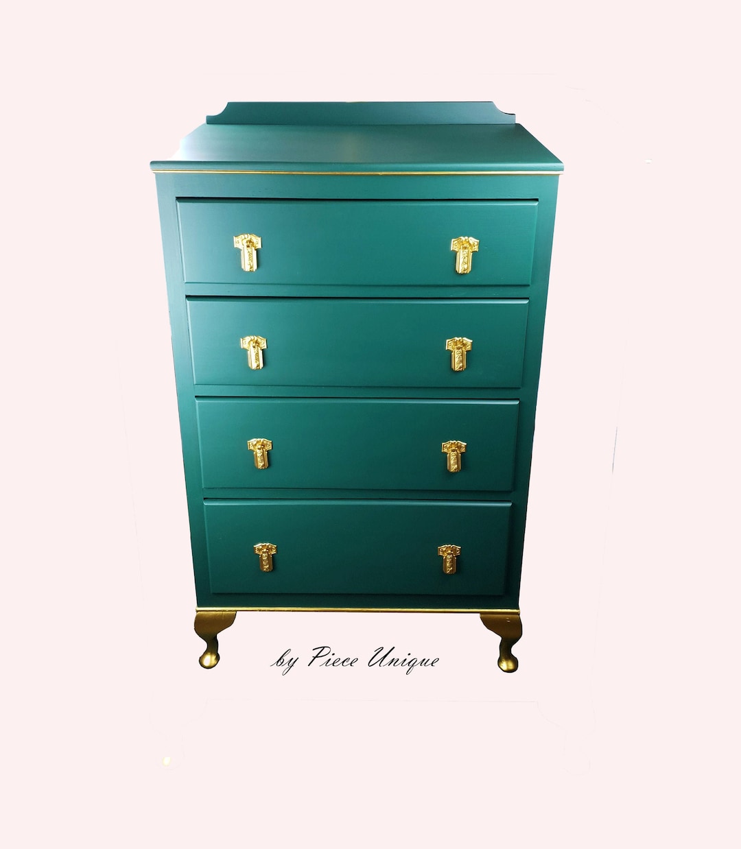 SOLD Large Vintage Oak Painted Chest of Drawers Dark Green With Gold