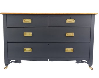 SOLD - Antique Painted Solid Oak Navy Blue Chest Of Drawers